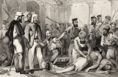 De correspondent van The Times kijkt toe bij het plunderen van de Kaiser Bach na de verovering van Lucknow op 15 maart 1858 door English School